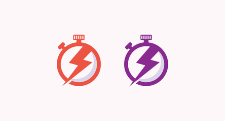 modern stopwatch icons in orange and purple, featuring a dynamic lightning bolt symbol for speed and energy.