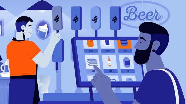 Animated bartender serving beer with digital order system in modern pub flat illustration

