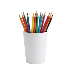 This high-resolution image features a clean, white cylindrical cup filled with a vibrant array of sharpened colored pencils&mdash;ranging from red, orange, and yellow to green, blue, purple, and brown&mdash;arran
