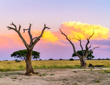 Sunset over savanna with dead trees (1)