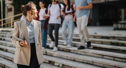 A teacher engages with students outside, fostering communication and learning in an educational setting.