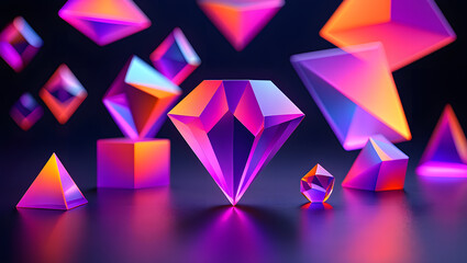Neon Geometric Shapes: Vibrant Purple, Pink, and Orange 3D Render, Abstract Background
