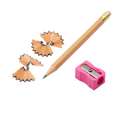 This high-resolution image captures a classic wooden pencil with a perfectly sharpened graphite tip, positioned diagonally across a clean white background. Accompanying it are two delicate spiral shav