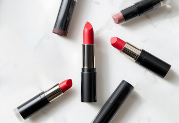 A flat lay of several lipsticks in different shades, including a bold red, on a clean white marble background.