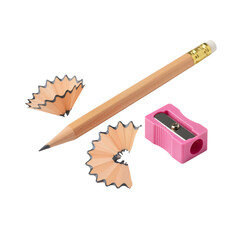 This high-resolution image captures a classic wooden pencil with a perfectly sharpened graphite tip, positioned diagonally across a clean white background. Accompanying it are two delicate spiral shav