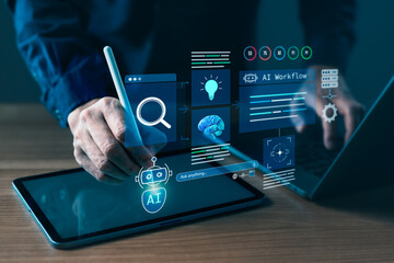 AI-powered digital workflow interface with chatbot, search, and brain icons for automation, innovation, and smart system productivity