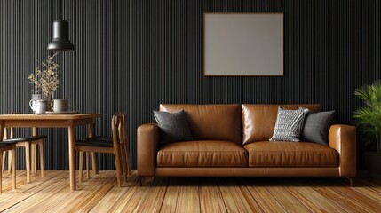 Modern minimalist interior scene featuring a tan leather couch and dining area against a dark wall