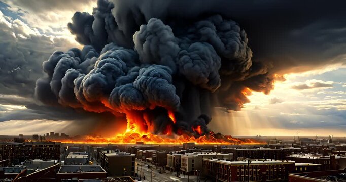 Nuclear Destruction Turns a Once Vibrant City into Smoldering Ash After an Air Attack. War related concept.