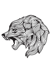 Stylized black and white illustration of a roaring bear head formed by intricate wavy lines.