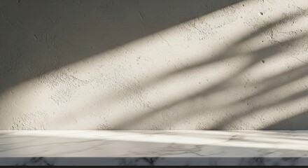 3d illustration of sunlight streams through a window, casting dramatic diagonal shadows across a textured concrete wall and a marble surface