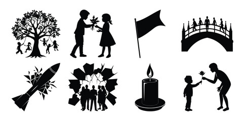 Silhouette Illustrations Representing Peace Love and Unity in Black and White