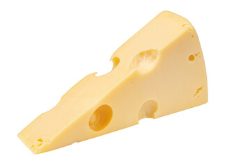 Piece of cheese isolated on white background. Hard cheese with holes. Dairy products.