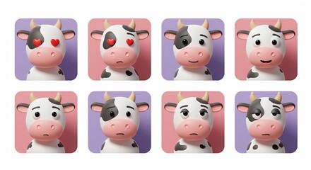 Cartoon cow faces set different emotions