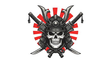 Fototapeta premium A menacing skull adorned with a traditional samurai helmet, crossed with two katana swords, set against a backdrop of radiating red sunbeams.