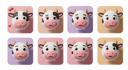 Cartoon cow faces set with various emotions