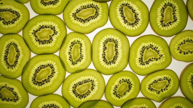 Fresh kiwi slices rotation pattern creating vibrant natural texture
