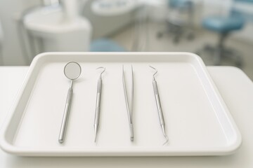 Close-up of dental tools on a white tray in a dentist office, including mirror, scaler, tweezers, and explorer.