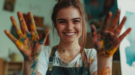 Joyful artist displays paint-covered hands after a creative art session