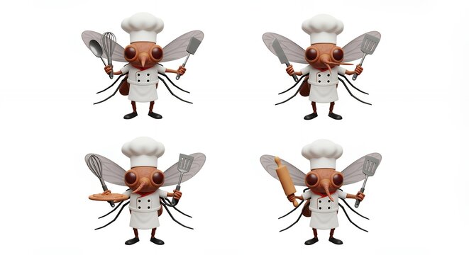 Cartoon mosquito chefs cooking tools