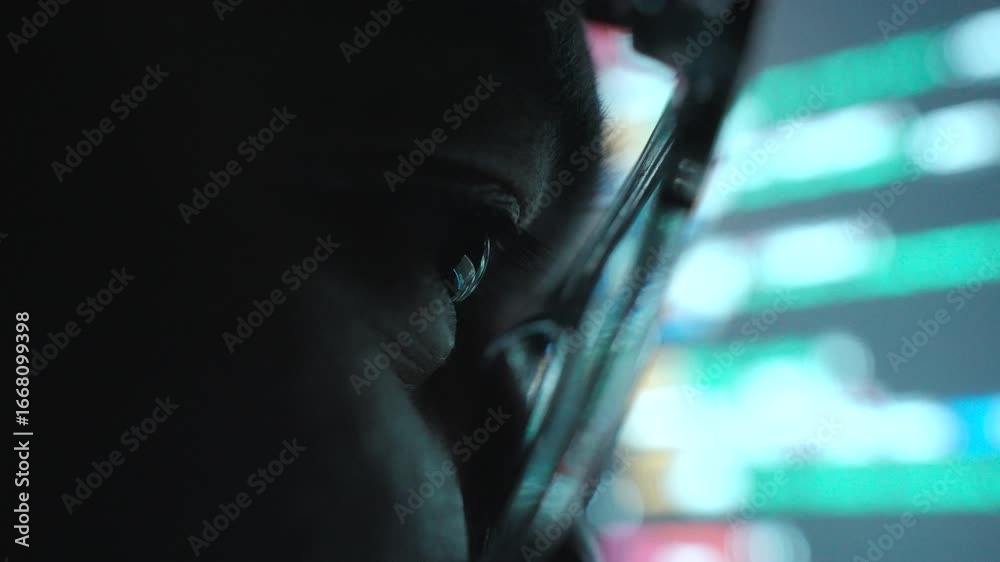 Wall mural close-up reflection green code in lenses of glasses and eye of male programmer works late at night, 