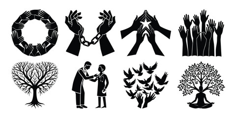 Symbolic Black and White Illustrations Depicting Unity Freedom Healing and Spiritual Growth