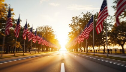 Flags line the street in a show of support and patriotism as the sun sets on a warm summer evening