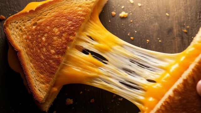 Golden grilled cheese pull with stretchy, melted cheese slices