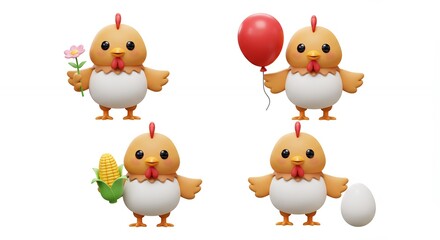 Cute cartoon chicken illustrations set with various accessories