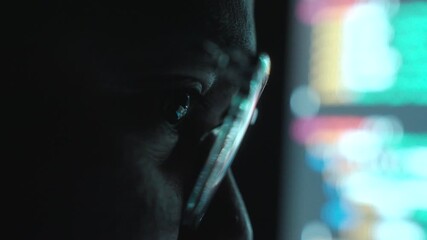 Close-up Reflection green code in lenses of glasses and eye of Male programmer works late at night, focusing on software development, coding, and cybersecurity analysis. - Powered by Adobe