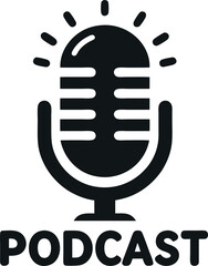 Vintage-inspired black podcast microphone with bold text, representing audio broadcasting, interviews, talk shows, and digital streaming concep