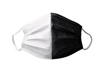 Half white half black disposable face mask displaying dual color design with white elastic ear straps, isolated on a transparent background