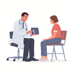 Doctor explaining x ray to patient on tablet during consultation in a medical office setting scene image