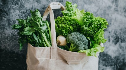 Fresh vegetables gathered in a reusable bag against a textured background