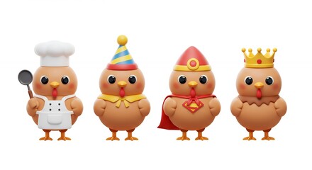 Naklejka premium Four cartoon chicken characters in different costumes