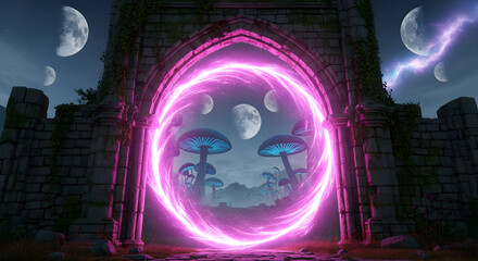 Glowing Portal to a Whimsical Mushroom Landscape.