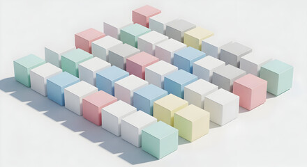 Pastel Colored Cubes Arranged in a Grid Pattern on a White Background.