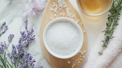 Relaxing spa setting with lavender, salt, and herbal tea for wellness