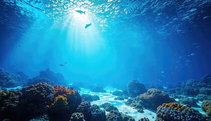 Fototapeta premium Beneath the shimmering surface, a vibrant world unfolds with schools of fish and coral formations illuminated by ethereal sunbeams