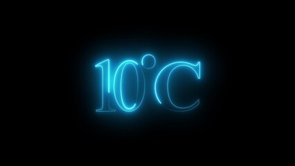 10 degree Celsius text with neon glowing effect on black background