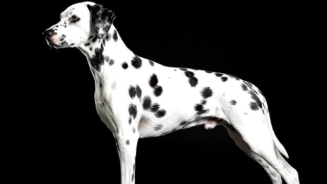Dalmatian dog white with black spots standing in profile against a solid black backdrop