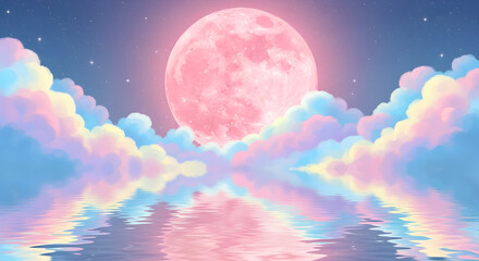 Fototapeta premium Dreamy Pink Moon Reflecting on Calm Water with Rainbow Clouds.