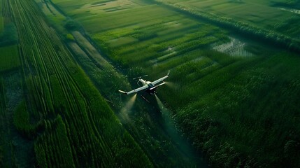 Smart drone spraying crops perfectly aligned green fields aerial perspective