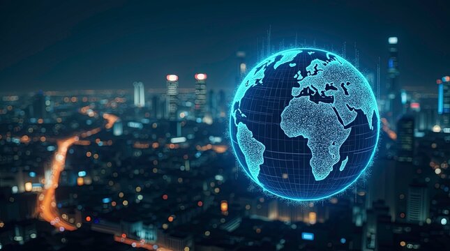 Futuristic digital globe hovering over a cityscape at night glowing holographic map of the earth, AI Generative
