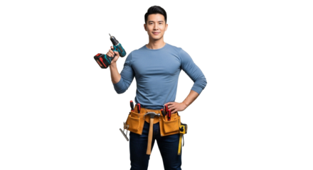 Man in blue shirt holding drill with tool belt and hand on hip posing for the camera isolated