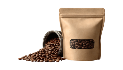 Standard Blank Brown Kraft Paper Bag Filled with Coffee Beans, isolated on transparent background, PNG