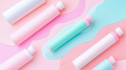 Minimalist flat lay composition showcasing pastel pink, white, and teal cosmetic product bottles on creative wavy paper background, evoking clean and soft beauty aesthetic.