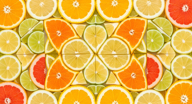 Vibrant Citrus Fruit Kaleidoscope: A Symmetrical Pattern of Slices. - Powered by Adobe