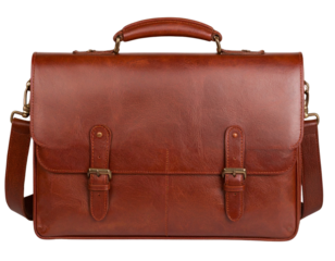 Brown Leather Briefcase with Shoulder Strap, Front View, isolated on transparent background PNG