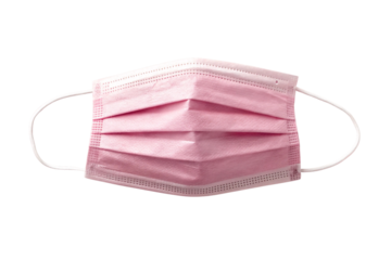 Light pink medical face mask with white ear straps and standard pleated design, isolated on a transparent background