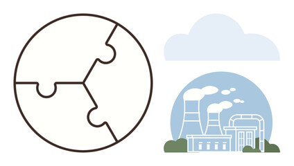 Puzzle-shaped globe next to factory with smokestacks emitting pollution under cloud. Ideal for global warming, industry, sustainability, environment, climate change, energy, ecology. Simple flat